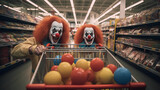 Two men dressed as terrifying clowns with a cart full of colored balls. Halloween party