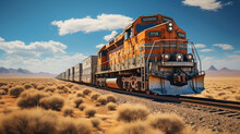 An Old Diesel Train Drives Through A Desert Landscape