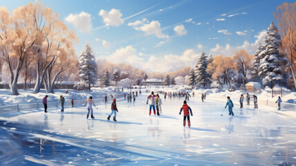 Illustration of a frozen lake with people skating on it in winter with lots of snow