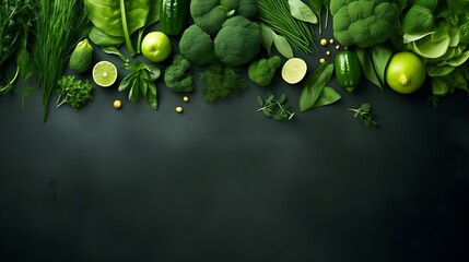 Macro photo of green fruits and vegetables with leaves.