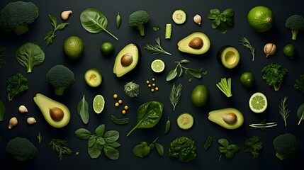 Wall Mural - Various green fruits and vegetables photo realistic flat lay pattern background.