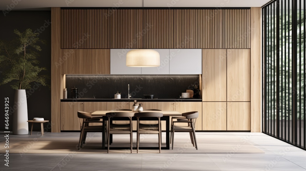 Trendy Japandi kitchen and dining area with wood, white and dark tones ...