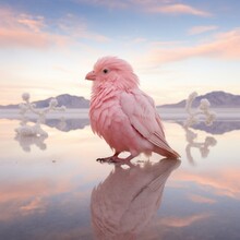 A Pink Bird Perched Atop A Mountain Peaks Out Against A Wild Sky, Its Beak Gleaming Against The Soft Clouds And Vast Expanse Of Water Below