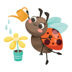 Poster - Cute Ladybug Character with Spotted Wings Watering Flower in Pot Vector Illustration