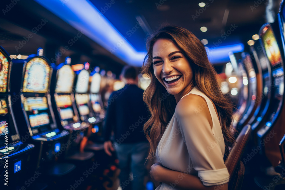 Happy young woman smiling and posing near slot machines in a casino