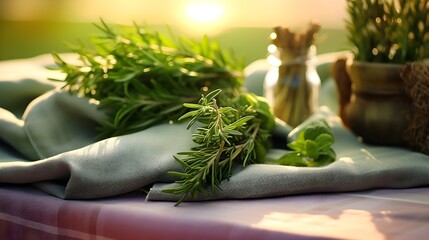 Wall Mural - Close up organic green fresh aromatic herbs on a table. Summer bright rustic background.