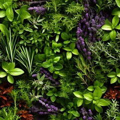 Wall Mural - Green aromatic herbs realistic macro seamless pattern.