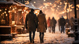 Fototapeta  - Loving couple strolling through a Christmas market in winter while it snows. Christmas background. Generative ai