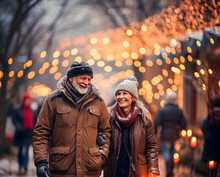 Older Couple Happily Strolling Hand In Hand At Christmas. Winter Clothes And Out Of Focus Christmas Lights In The Background At A Christmas Market Or Street With Christmas Decorations. Generative Ai
