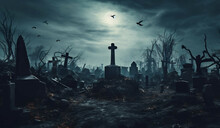 Creepy Cross In Cemetery, AI Generative, Mysterious, Gravestone