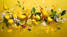 Yellow fruits flying in the air with golden confetti. Blurred abstract background