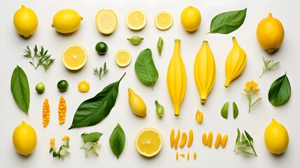 Wall Mural - Yellow fruits and vegetables photo realistic flat lay pattern background.