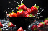 Fototapeta Las - Fresh strawberries in a bowl with water splash on a black background.
