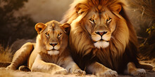 Majestic African Lion Couple Loving Pride. Animal Wildlife, Copy Space 