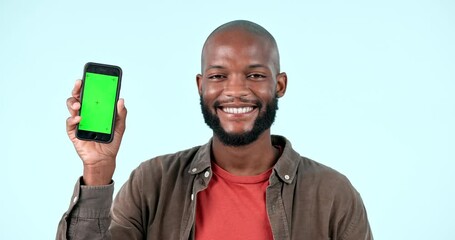 Poster - Face smile, phone and black man on green screen in studio isolated on blue background with tracking markers. Portrait, happy person and smartphone for advertising, mockup space or marketing promotion
