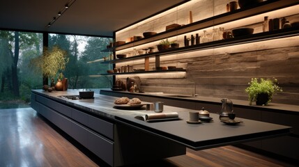 Wall Mural - Modern minimalist kitchen , close up shot, beige cabinets floor to ceiling, combined with walnut wood open cabinets with led lights, floating ceiling.