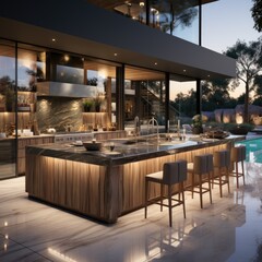 Wall Mural - Modern minimalist kitchen , close up shot, beige cabinets floor to ceiling, combined with walnut wood open cabinets with led lights, floating ceiling.