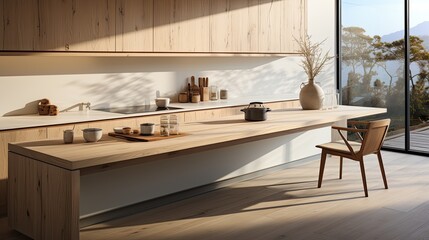 Modern minimalist kitchen , close up shot, beige cabinets floor to ceiling, combined with walnut wood open cabinets with led lights, floating ceiling. Natural light.