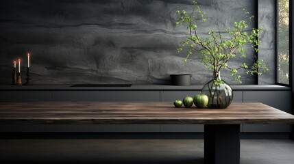 Wall Mural - Modern minimalist kitchen, close up view, luxurious interior of black minimalist kitchen with wooden table, show chairs, top in focus.