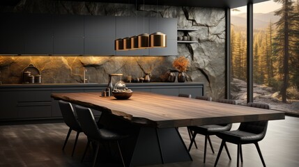 Wall Mural - Modern minimalist kitchen, close up view, luxurious interior of black minimalist kitchen with wooden table, show chairs, top in focus.