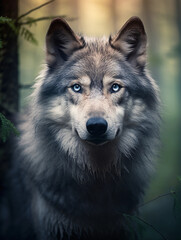  adult gray wolf, long voluminous hairstyle, looking into the camera, piercing blue eyes, in a misty forest at dawn, ethereal atmosphere