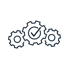 Poster - gears and a tick. workflow confirmation concept. vector icon isolated on white background.