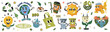 © redgreystock - Flat set stickers of save the planet in trendy groovy style. Funny and cute characters eco friendly labels or badges collection isolated on white background. World environment concept.
