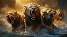 Four Ferocious Hungry And Dangerous Lions Heading Towards An Inevitable Attack Generative AI Illustration