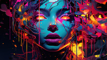 Digital Illustration War Painting In The Face Of Neon Woman Girl Female Cyberpunk City Humanoid Robot Artificial Intelligence Capabilities Technology Feature Power Beauty Sensuality Generative AI