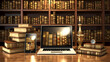 Biblioteca digital con libros y computadoras en linea, espacios de creacion literaria con libros volando y elementos creativos para graficos y publicaciones legales, ambiente vintage moderno futurista