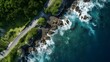 Aerial panoramic view of ocean waves crashing on the shore