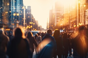 Wall Mural - A bustling city street during sunset, filled with blurred figures in motion, representing the vibrant urban lifestyle.