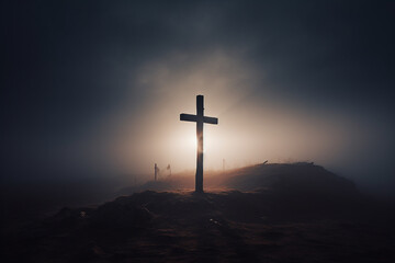 Poster - Cross in the fog on the morning mountain