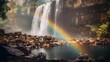 Panorama of waterfall with rainbow in green forest. Panoramic view of waterfall with rainbow.