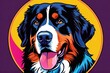 Bright drawing of dog, bernese mountain dog, on T-shirt on dark background. Satirical, pop art style, vibrant colors, iconic characters, action-packed, suitable for mascot, logo or reproduce on canvas