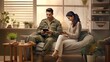 © lililia - a young couple comfortably seated in a minimalist military-themed interior, each engrossed in online shopping via their laptop computers. The composition conveys the ease of accessing e-commerce