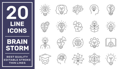 Idea icon set. Creative idea, brainstorming, solution, thinking and innovation icons. Lightbulb with brain symbol vector illustration. Solid icon collection. Editable Stroke. EPS 10.