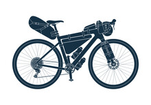 Touring Bike With Bikepacking Bags In Black Silhouette. Road, Gravel Bicycle And Elements Gear. Saddlebag, Frame, Trunk, Handlebar Bag. Isolated Vector Illustration