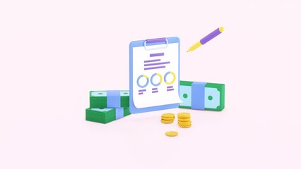 3d animation of money and clipboard. Financial diagram and charts. Stack of coins, dollar bills, infographics. Bank service, accounting, budget and business. Investment, trading, money concept