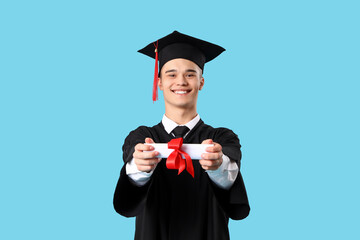 Poster - Male graduate student with diploma on blue background