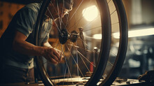 Essential Workshop Tools With A Background Of A Bicycle Mechanic Repairing A Wheel: Bicycling, Repair, Wheel Service, Mechanic.