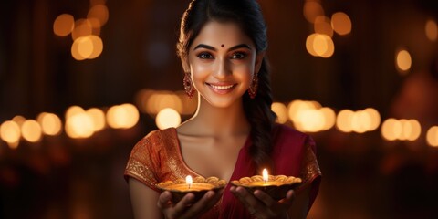 Beautiful young Indian woman in traditional sari dress holding oil lamp light or diya with flowers in background on the occasion of Diwali, generative ai