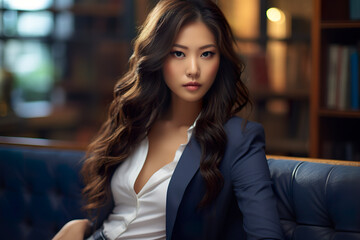 An Asian woman exuding sensuality rests on a sofa. Portrait of an Asian woman wearing blue in an aura of seduction and power of attraction. Elegance and mystery.