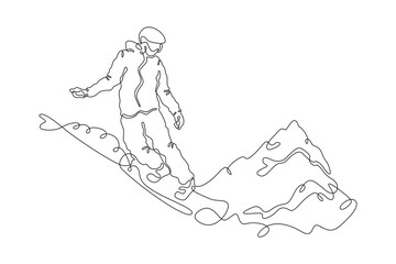 Wall Mural - Snowboarder.Landscape.Extreme sport.Mountains.Snowboard. One continuous line. Linear. Hand drawn, white background.