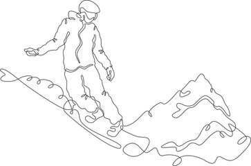 Wall Mural - Snowboarder.Landscape.Extreme sport.Mountains.Snowboard. One continuous line. Linear. Hand drawn, white background.