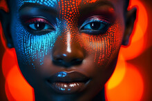 Generative AI Illustration Portrait Of Young African Female Model With Bright Painted Face And Makeup Looking At Camera Against Bright Background