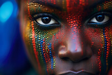Generative AI Illustration Crop Of Young African Female Model With Bright Painted Face And Makeup Looking At Camera Against Blue Background