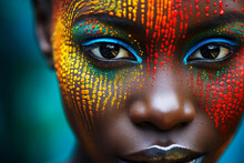 Generative AI Illustration Closeup Of Crop Young African Female Model With Bright Painted Face And Makeup Looking At Camera Against Green Background