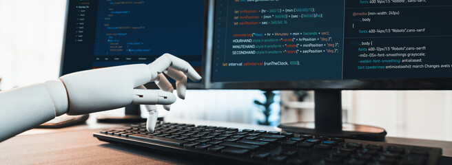 Poster - futuristic technological advance of generative ai generating code for software development in automa