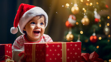Small Child Wearing Santa Hat And Holding Present Box In Front Of Christmas Tree.
